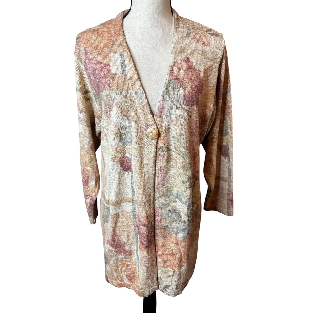 Gabriella T Italy Floral Tapestry Cotton Linen Knit Cardigan Sweater Large Rose
